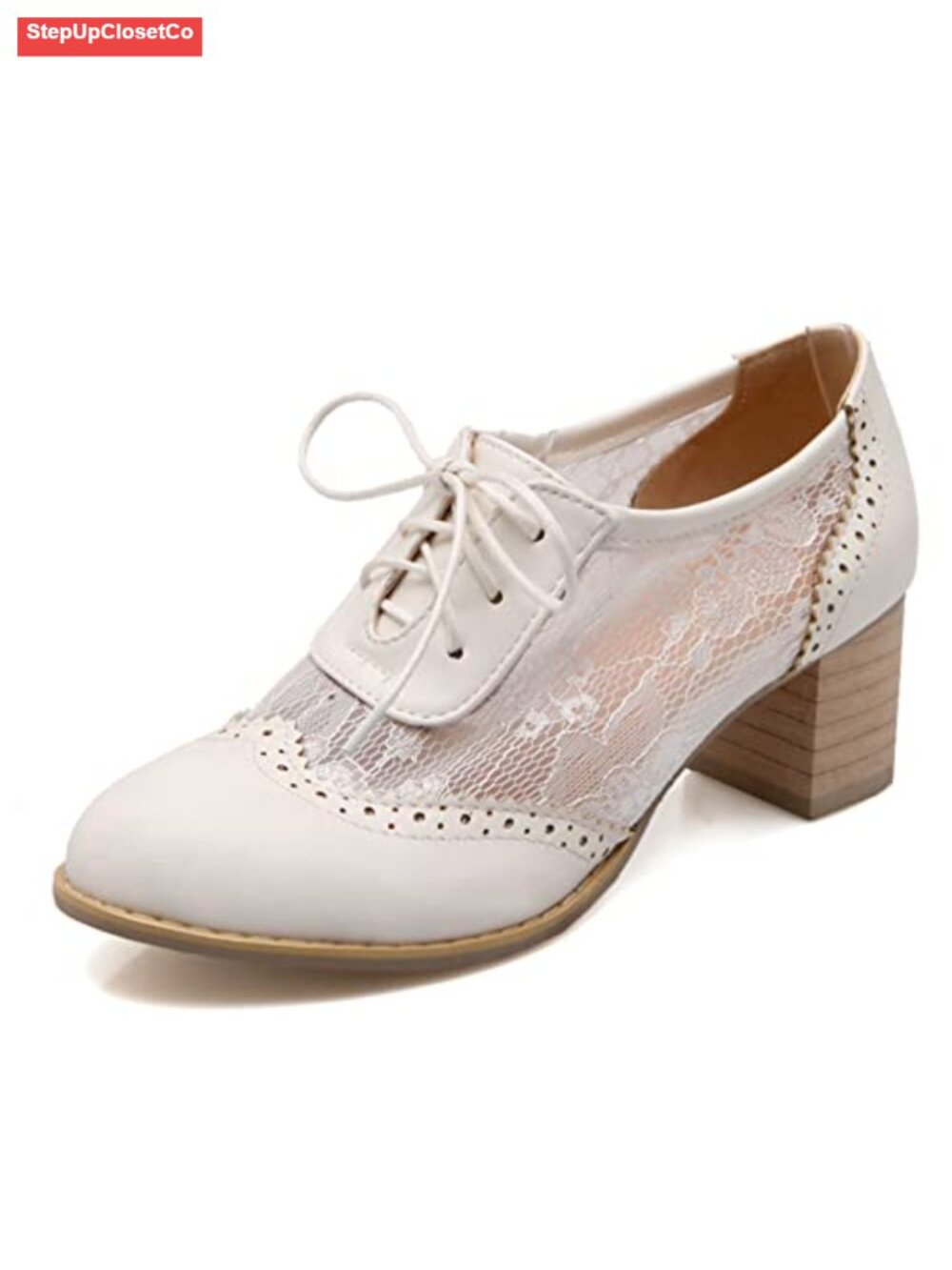 Women's Lace Mesh Chunky Heel Wingtip Oxfords Round Toe Block Heels Lace-Up PU